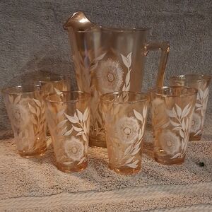 Elegant Floral Glass Pitcher and Tumbler Set